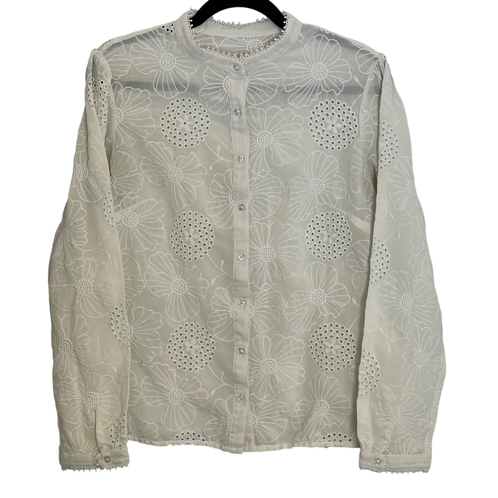 Sheer Embroidered Floral Button Up Blouse Top Ivory Long Sleeve Women's Romantic